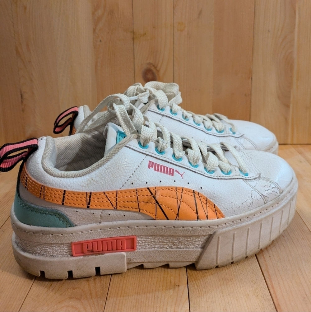 Puma White and Orange Platform Sneakers Size 4